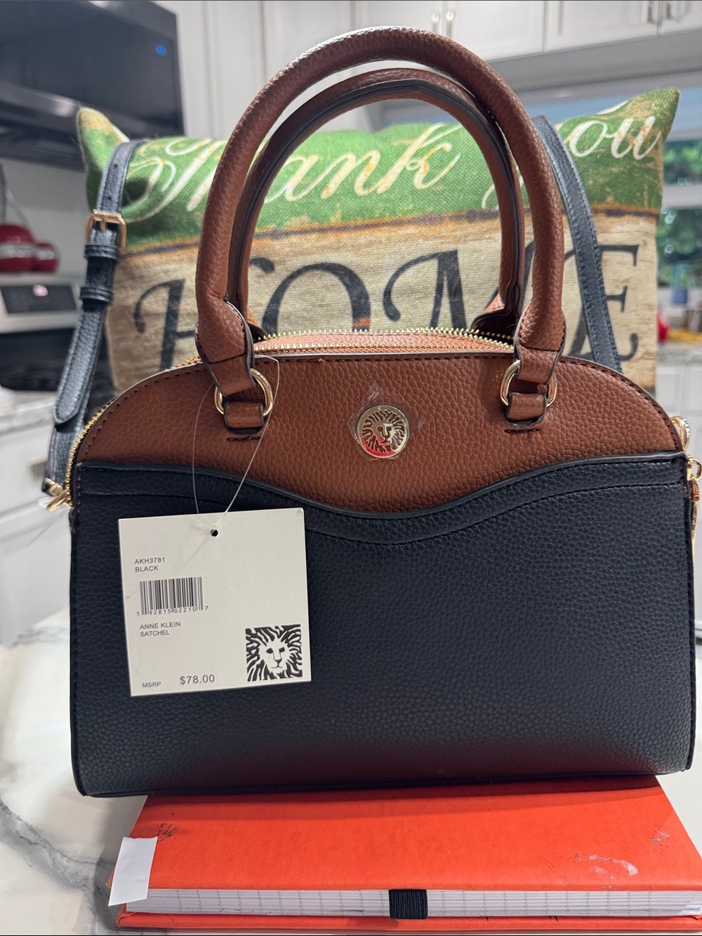 Anne Klein Black and Brown Pebbled Satchel with Gold Accent